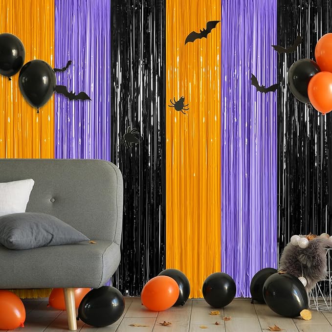 2 Pack Halloween Backdrop, 3.28 FT x 7.05 FT Foil Fringe Curtains, Orange Purple Black Party Streamer Tinsel Backdrop Curtains, Halloween Decorations Door Decor Photo Props Party Supplies