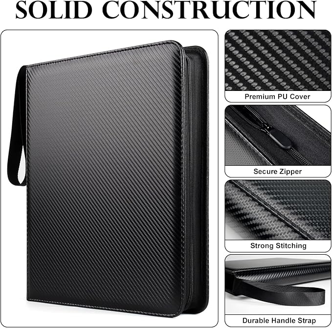 GEAoffice Trading Card Binder 12 Pocket Hold 720 Cards, Premium PU Cover Zipper Collection Binder, Ringless Side Loading Card Album Folder for YuGiOh, MTG, TCG, Game & Sports, Non-PVC, Carbon Black