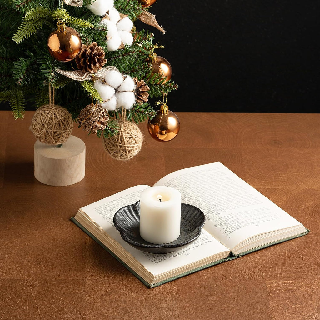Ceramic Pillar Candle Holder, Incense & Tealight Tray, Black | Ceramic pillar candle holder for tealights, incense, and palo santo. Easy to clean. Ideal for home decor and aromatherapy.