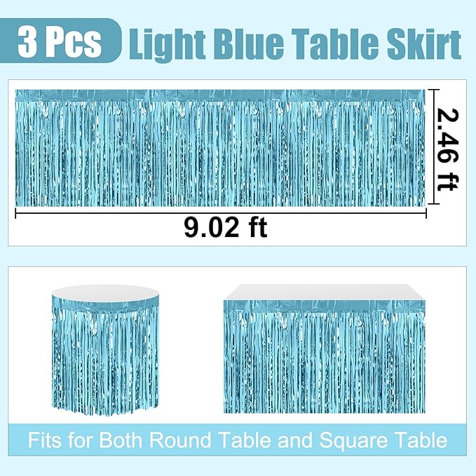 3 Pack 29 x108 Inch Light Blue Foil Fringe Table Skirts Metallic Banner for Tinsel Streamer Garland Backdrop for Parade Floats Wedding Thanksgiving Birthday Christmas New Year Party Decoration