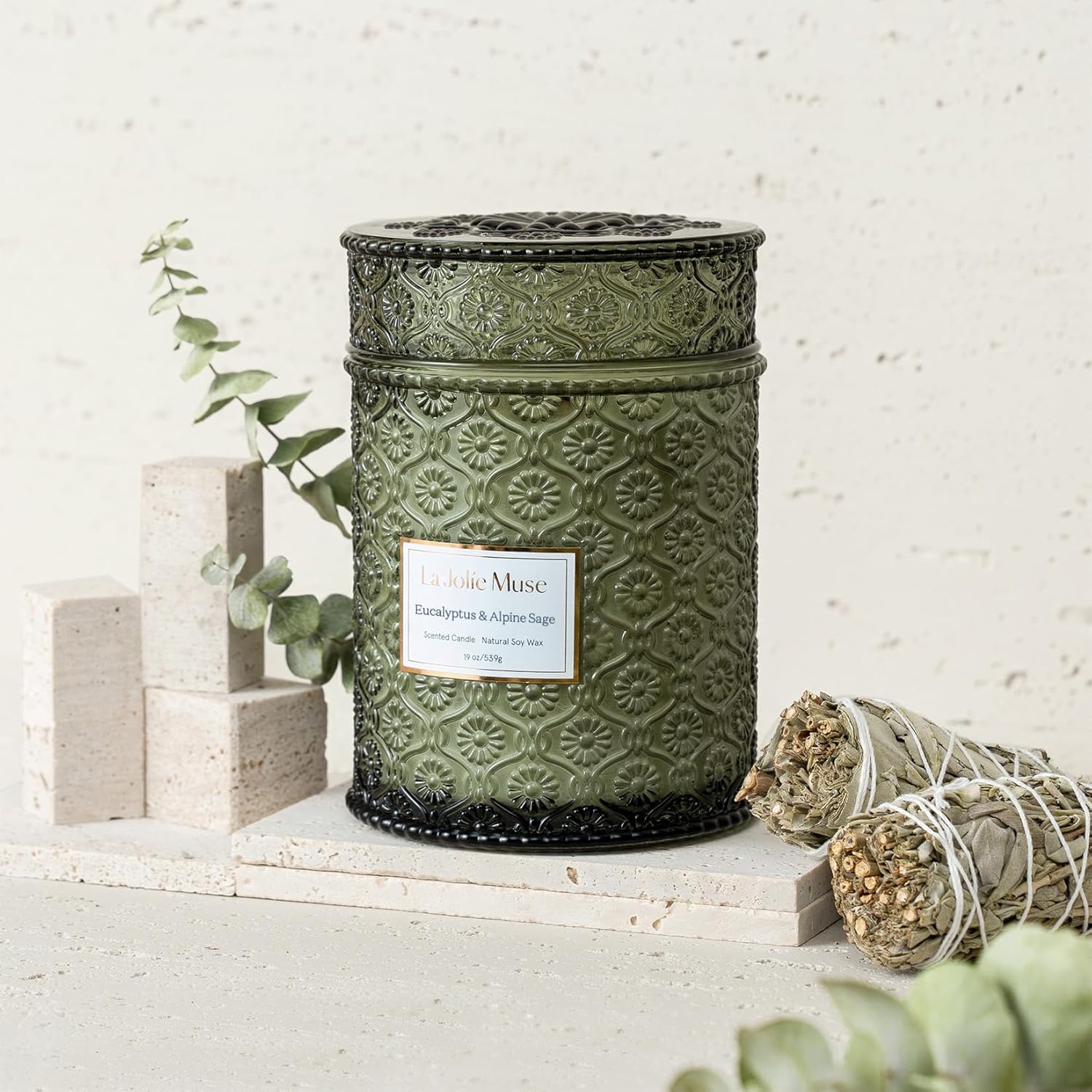 LA JOLIE MUSE Eucalyptus Sage Fresh Scented Candles for Home, 19 oz Soy Wax | Large Jar Luxury Candle, Clean Non Toxic, Gift for Women & Men, Relaxing Aromatherapy Candle, Decorative Candles, Wood Wick