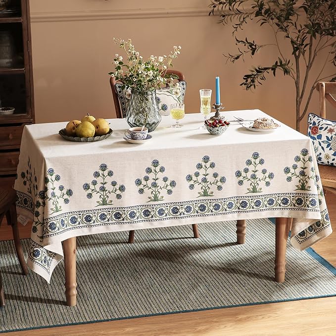 patdrea Designer Linen Vintage Blue Rectangle Tablecloth,Leaves Pattern Anti-Wrinkle Floral Table Cloth,French Decor Table Cover for Kitchen Dining,Christmas,Thanksgiving,Party,55"x87"-Ivar B