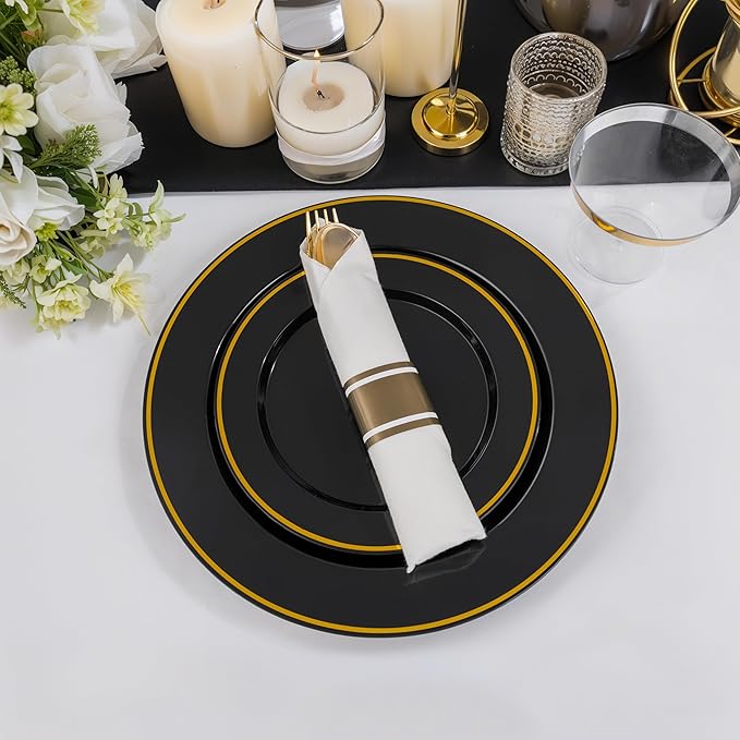SUT 175 Pcs Black and Gold Plastic Dinnerware Set for 25 Guests, Include: 25 Dinner Plates, 25 Dessert Plates, 25 Pre Rolled Napkins With Silverware, 25 Cups, Disposable Plates for Halloween, Party