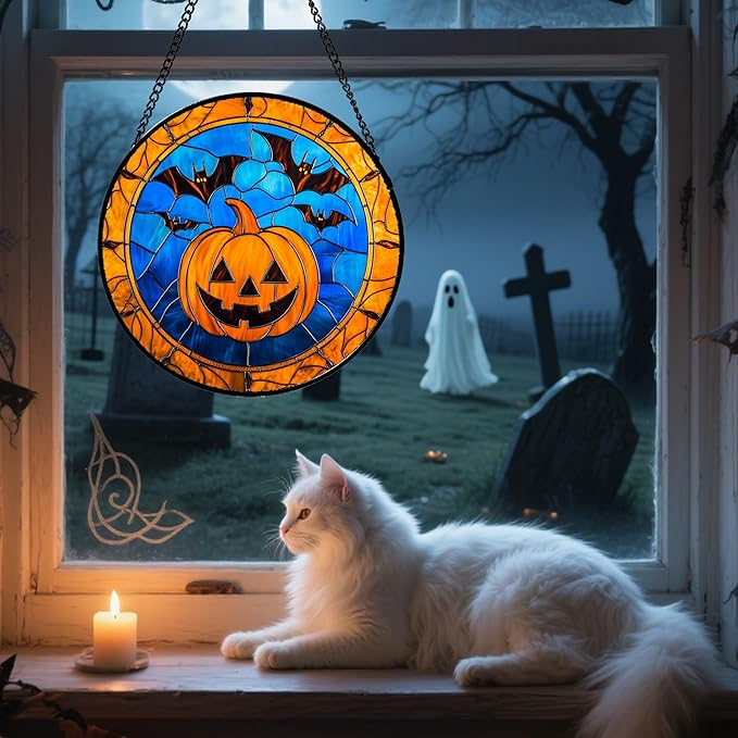 Stained Glass Window Hanging - Halloween Evil Pumpkin Suncatcher for Doors Window Garden Indoor Spooky Brown Bat Sun Catchers Gothic Decor Horror Gifts for Women Men Friend Boy Girl 11.8 in