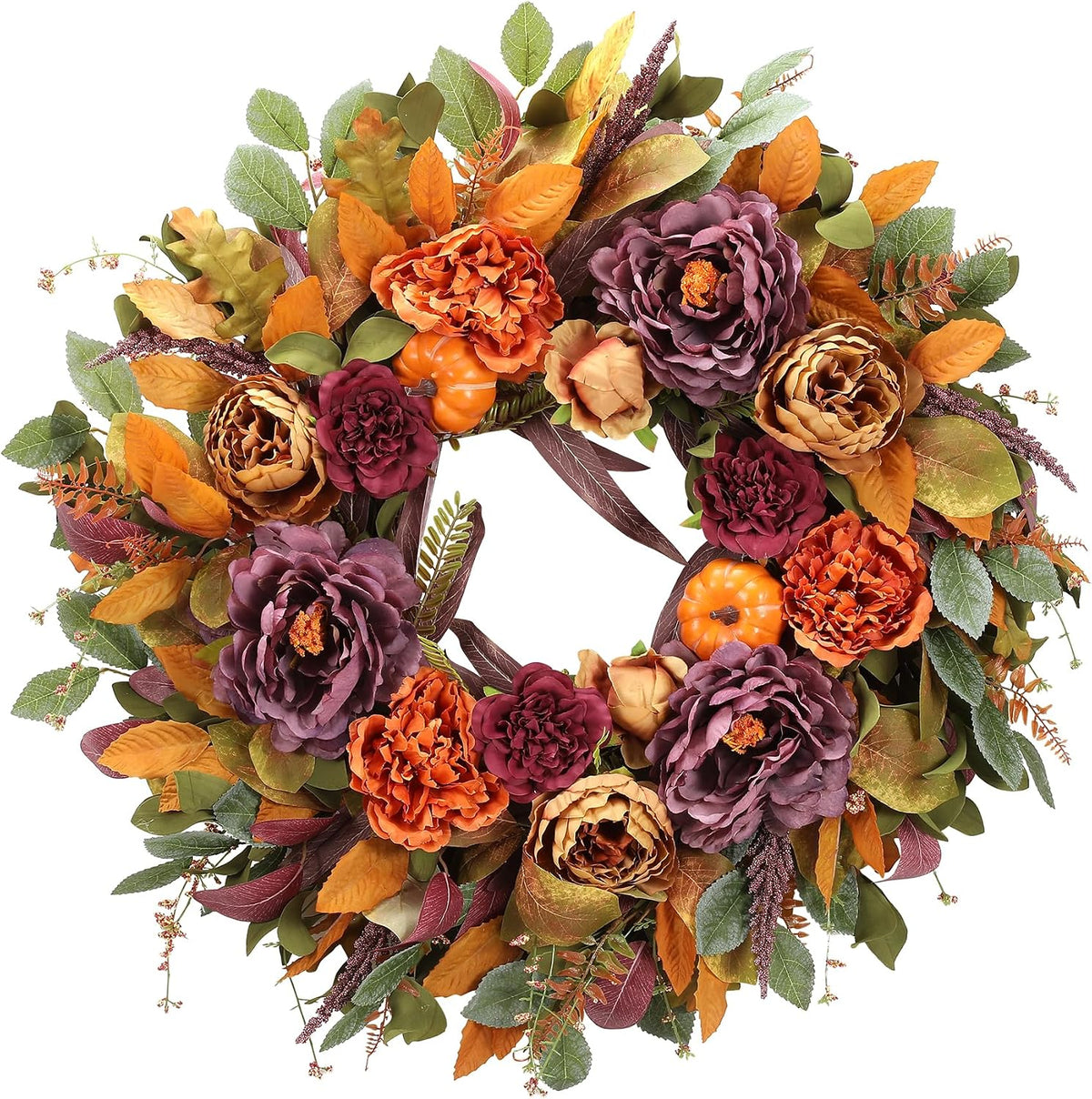 26 Inch Fall Wreath for Front Door, Large Autumn Harvest Wreath with Purple P...