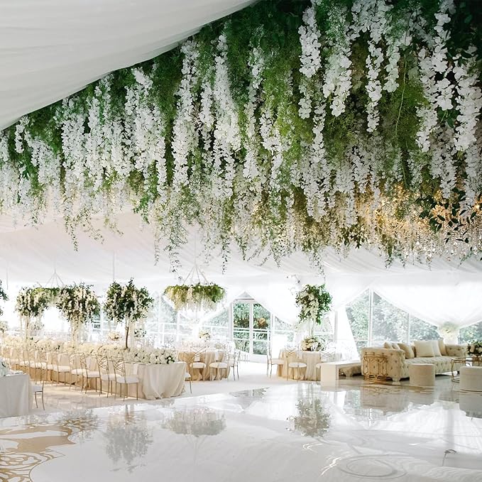 12 Pack Green White Wisteria Hanging Flowers, 3.44 Ft Fake Hanging Flowers, Artificial Wisteria Garland Vines for Wedding Room Backdrop Outdoor Patio Garden Decoration