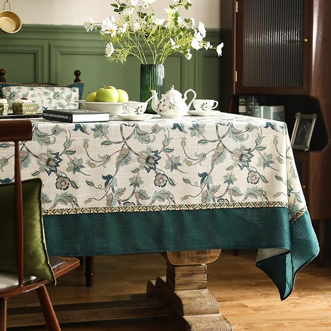 patdrea Designer Green Small Linen Table Cloth for Rectangle Table,Vintage Floral Pattern Durable Extra Long Tablecloth,French Decor for Kitchen Dining,Christmas,Thanksgiving,Party,67"x118"-Noah