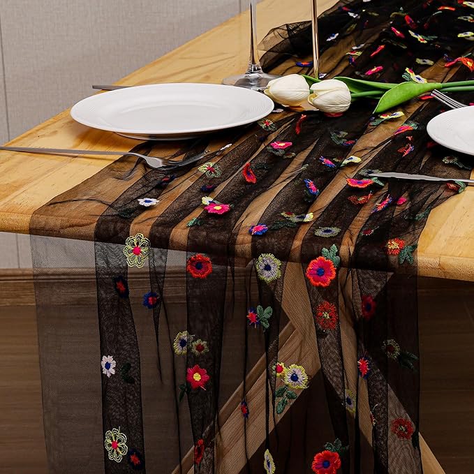 BINBE 3pcs Black Daisy Fall Table Runner Embroidery Gauze 10FT Florals Seasonal Tulle Holiday Birthday Kitchen Dining Table Decor for Home Party