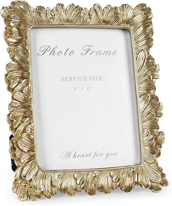 Cuspin 6x8 Picture Frame Vintage Gold Frames, Gold Palm Leaves Textured Hand-Crafted Resin Frames with Glass Front, Elegant Retro Decorative Photo Frame for Wall and Tabletop Display Home Decor