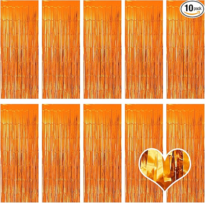10 Pack Orange Backdrop Curtain 3.2ft x 8.2ft Metallic Tinsel Foil Fringe Curtains Photo Booth Background for Birthday Party Decoration Baby Shower Engagement Wedding Christmas Decoration (Orange)
