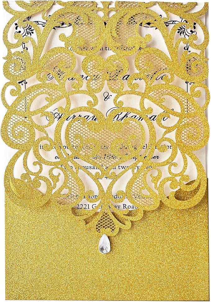 Hosmsua 50PCS Blank Wedding Invitation Cards 5 x 7.3 Inch Gold Laser Cut Hollow Heart Floral Invitation with Rhinestone pockets invitations for Engagement Quinceanera Invite (Gold Glitter)