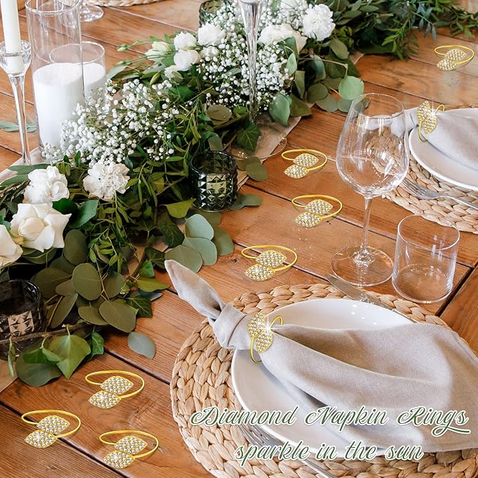 Hotop 500 Pcs Napkin Rings Gold Table Decorations, Elegant Bling Leaves Napkin Rings, Rhinestone Guest Towels Buckle for Wedding Gold Party, Thanksgiving Christmas Dinner Banquet Table Decoration