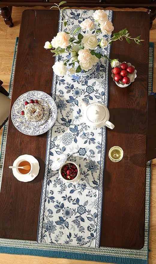 Decorative Small Linen Table Runner 63 Inches Long,Chinoiserie Blue Floral Cloth Runner for Coffee Table Decor Tabletop Table Runners for Kitchen,Dining,Party,Home,Christmas,12"*63"