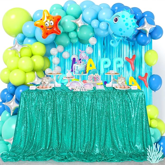 QueenDream Lake Green Tablecloth Sequin Fabric Table Cloths 90x156 Inch Mermaid Party Decorations Purple Overlay Drapes Birthday Party Ocean Decorations