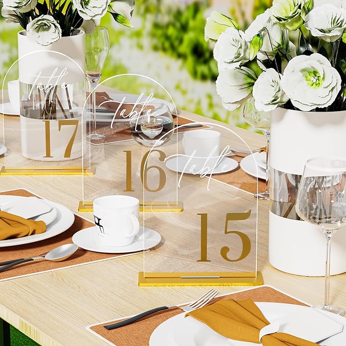 Arch Wedding Table Numbers 1-30 with Stands, Elegant Gold Number 5.5 x 7” Arch Acrylic Signs with Holder, Clear Acrylic Table Numbers for Wedding Reception, Anniversary, Party, Events