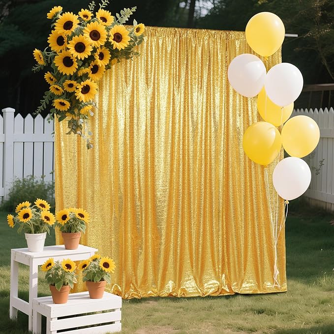 SquarePie Sequin Backdrop Curtain Not See Through Background for Wedding Party 8FT x 8FT Gold