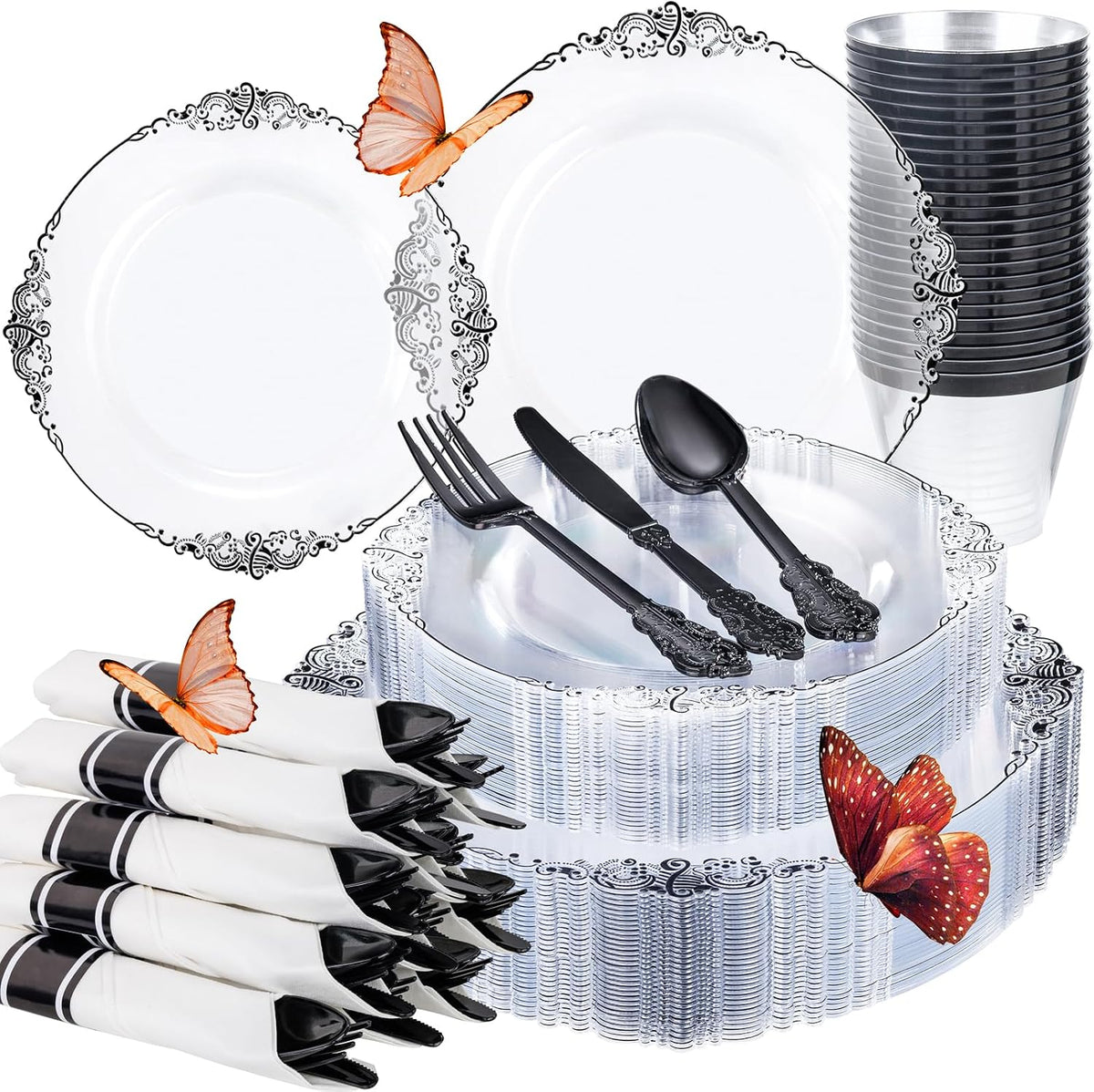 Hioasis 175 Pcs Clear Black Plates for Party