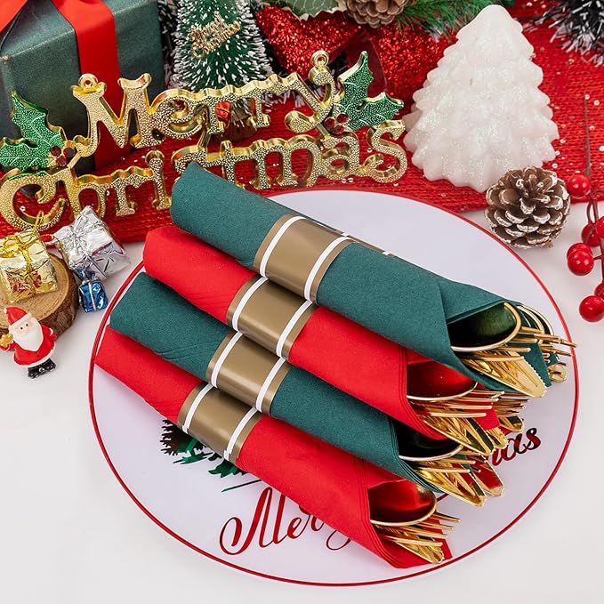 Supernal 240pcs Christmas Rolled Plastic Silverware,Gold Disposable Silverware,Wrapped Plastic Cutlery Set with Napkin,Pre Rolled Silverware Set Disposable,Christmas Cutlery Served for 60 Guests
