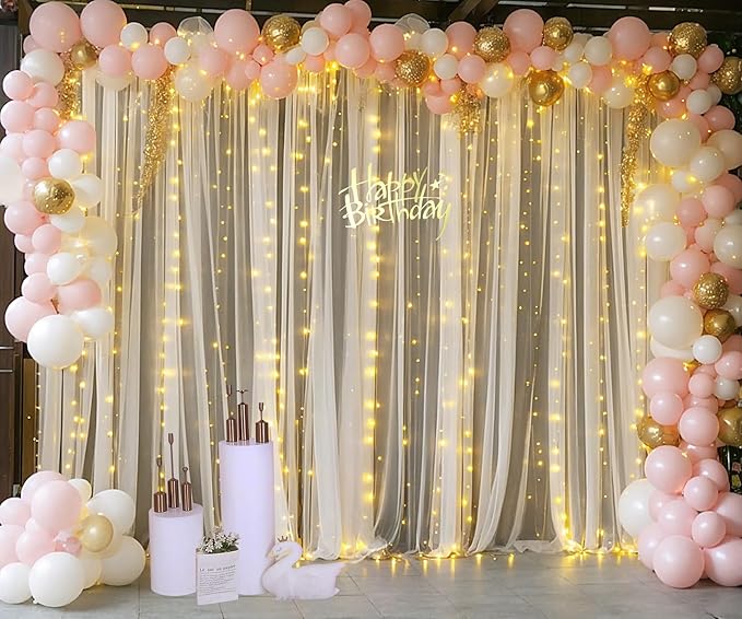 Champagne Sheer Backdrop Curtain with Lights String for Parites Wedding 20×10ft Tulle Backdrop Curtains for Bridal Shower Baby Shower Birthday Party Photo Shoot Decorations(4 Panels 5ft×10ft)