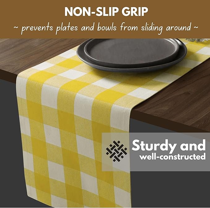 Native Fab Table Runner Buffalo Check Plaid 100% Cotton - 13x72 Inches Kitchen Dining Table Decoration for Indoor Outdoor Farmhouse Home Party Decor - Lemon Yellow and White