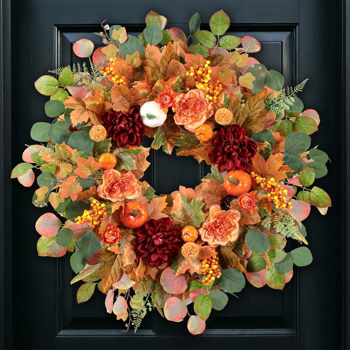 26 Inch Fall Wreaths for Front Door with Orange Camellia & Burgundy Dahlias