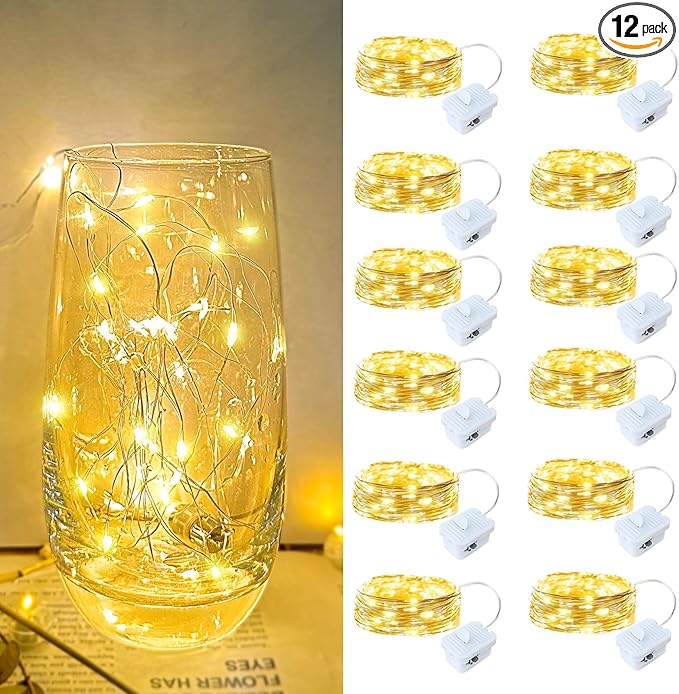 12 Pack Led Fairy Lights - Warm White, Battery Operated LED Silver Wire String Lights, 7FT 20LED Mini Firefly Starry String Lights Waterproof Led Twinkle Lights for Mason Jar DIY Christmas Decor