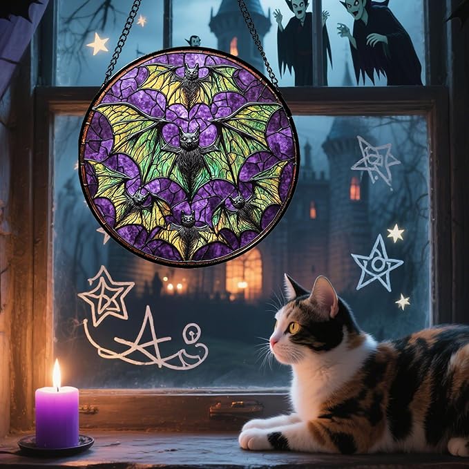 Stained Glass Window Hanging - Halloween Decorations Bats Suncatcher for Doors Garden Indoor Spooky Funny Purple Sun Catchers Gothic Decor Horror Gifts for Women Men Friend 15 in