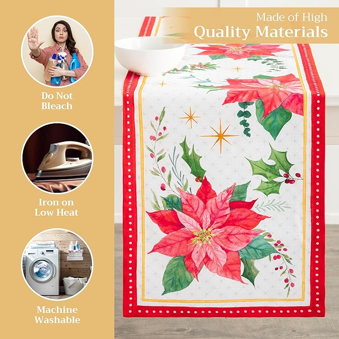 Maison d' Hermine Table Runner 100% Cotton Single Layer Table Runners 72 inches Long for Thanksgiving Christmas Decorations Home Kitchen Dining Party Wedding (Poinsettia Christmas, 14.5" x 72")