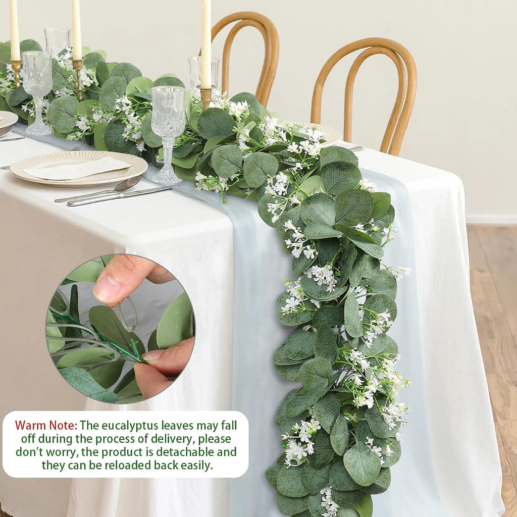 eucalyptus garland with white flowers 4 packs 5.9ft on a desk or shelf