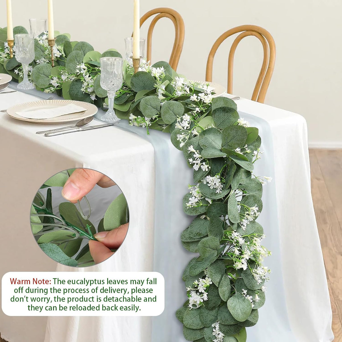 eucalyptus garland with white flowers 4 packs 5.9ft on a desk or shelf