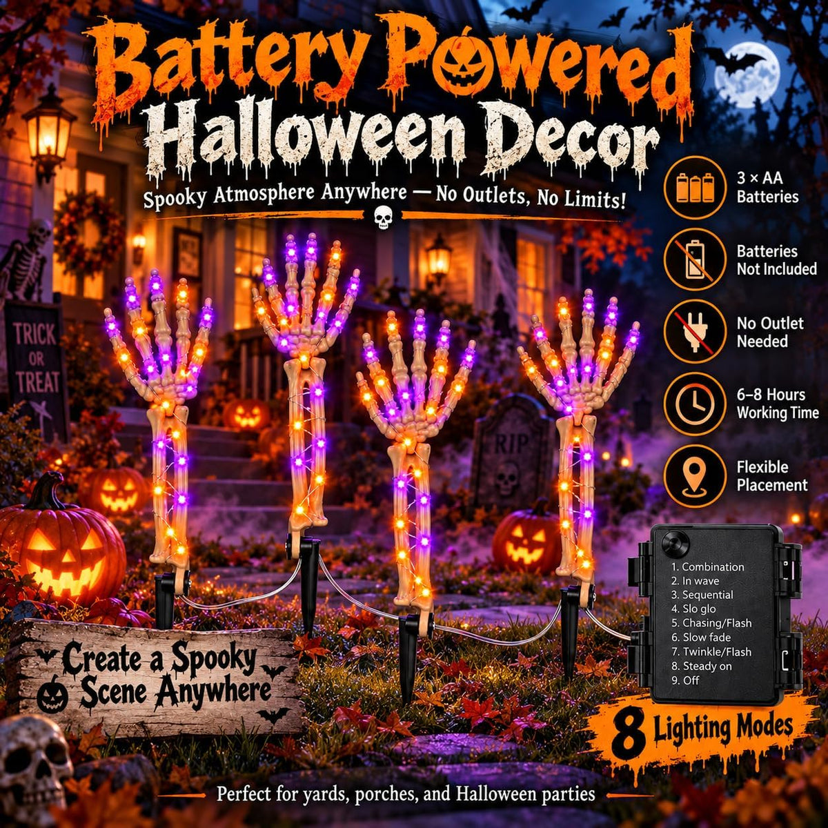 Halloween Decorations Outdoor, 4 Pcs Lighted Skeleton Hand Stakes with 200 LE...