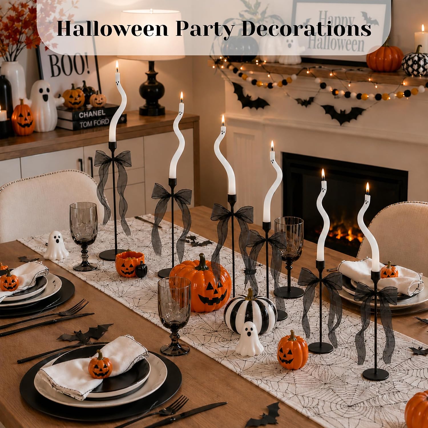 AYGXU Halloween Decorations indoor-3Pcs Twisting Ghost Candles Decor with Candle Holders,Ribbons,Vintage Candlestick Holders Decoration,Halloween centerpieces for Party Table Fireplace Decorations