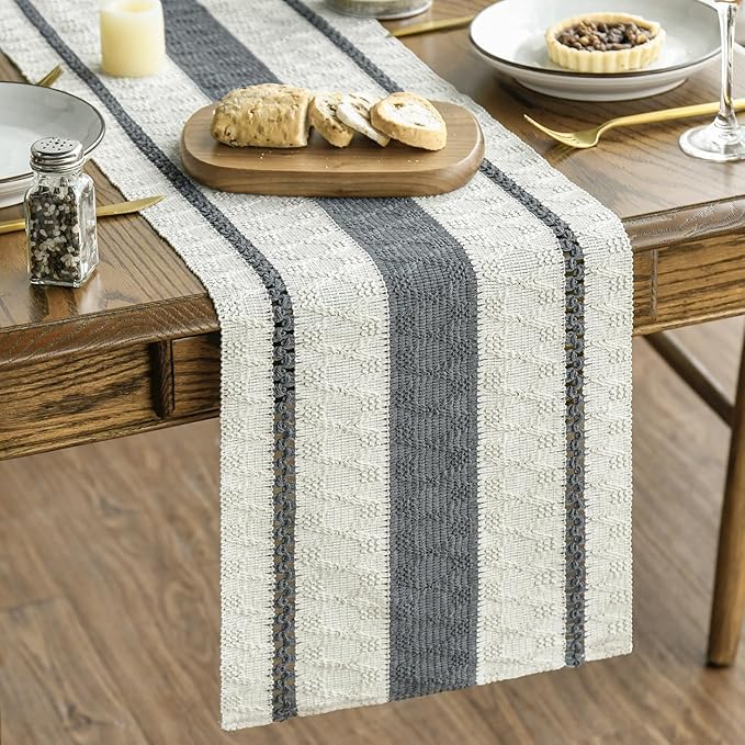 Artoid Mode Dark Grey Farmhouse Woven Rustic Table Runner, Seasonal Holiday Hollow Kitchen Dining Table Decoration for Home Party Decor 12x36 Inch