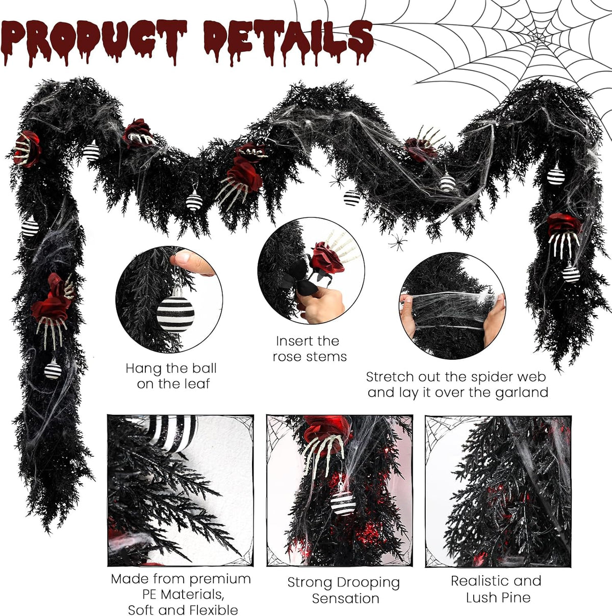 9ft black garland with lights and ornaments prelit shown in use