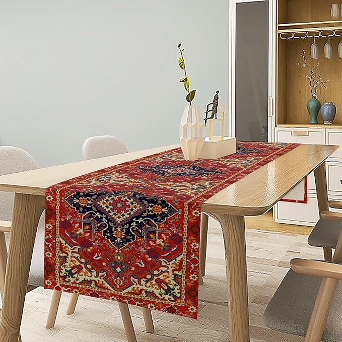 Boho Old French Table Runner, Vintage Red Beige Retro Flower Rustic Country Style Floral Print Pattern for Home Kitchen Table Decor Dining Coffee Room Garden Party Decor 13x36in
