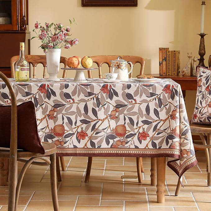 patdrea Designer Linen Extra Long Rectangle Tablecloth,Framhouse Vintage Pomegranates Leaves Pattern Tablecloths,Table Cover Decor for Kitchen Dining Christmas,Thanksgiving,63"x110"-Tehran a