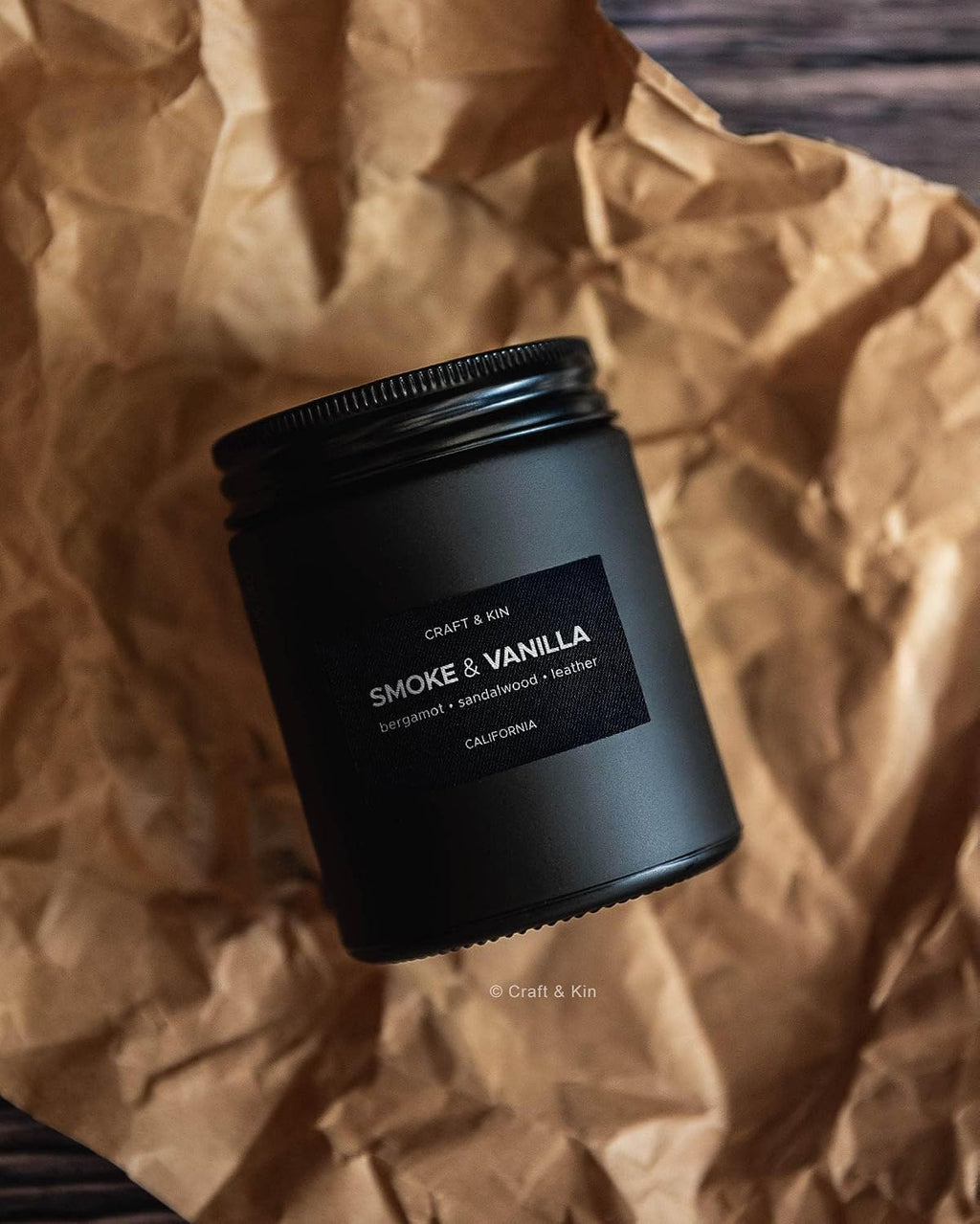 Craft & Kin Premium Smoke & Vanilla Scented Candle – Long Lasting, 45 Hour Burn Time – Luxury Black Natural Soy Scented Candle for Men with Wood Wick – Room Decor and Aromatherapy – 7.6 oz