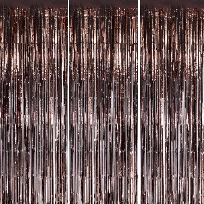 3 Pack Foil Fringe Backdrop - Brown Shiny Tinsel Curtains for Party Decoration/Photo Booth Props - 3.3x8.2 FT Metallic Foil Backdrop for Birthday, Wedding, Graduation, Christmas.