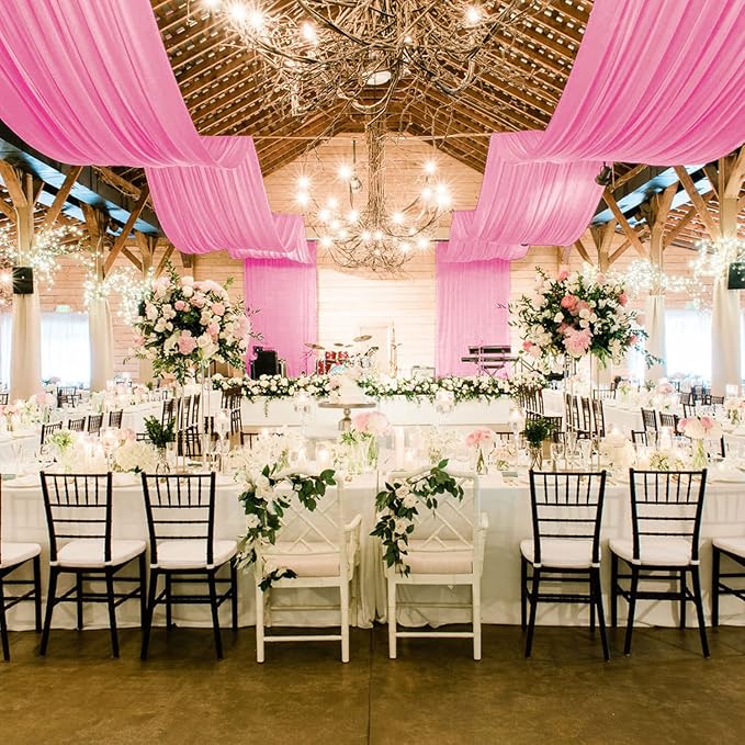MODFUNS 4 Panels Pink Ceiling Drapes for Weddings 5x20FT Wedding Arch Draping Fabric Sheer Chiffon Curtains for Backdrop Wedding Ceiling Curtain Chiffon Fabric Drapery Wedding Stage Hall Ceiling Decor