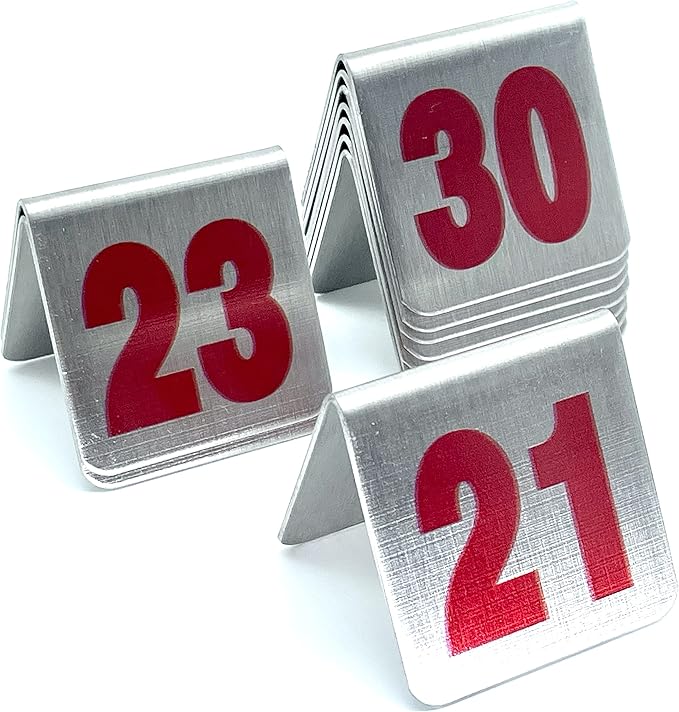 10 Pcs Metal Place Cards Stackable Tent Style Table Numbers，Place Card Holders for Celebration Wedding Party Restaurants Cafes Bars Gatherings meeting Room Board Game Serial (Small 21-30, Red)