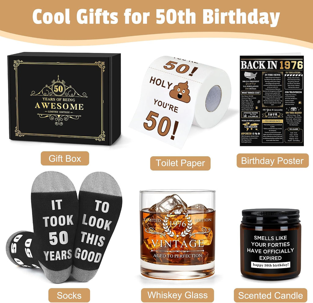 Pradnel 50th Birthday Gifts for Him Cool Gifts for 50 Year Old Man Happy 50th Birthday Decorations for Men Vintage 1976 Wine GlassToilet Paper Roll Novelty Socks Funny 50 Year Old Gift ideas for Mens