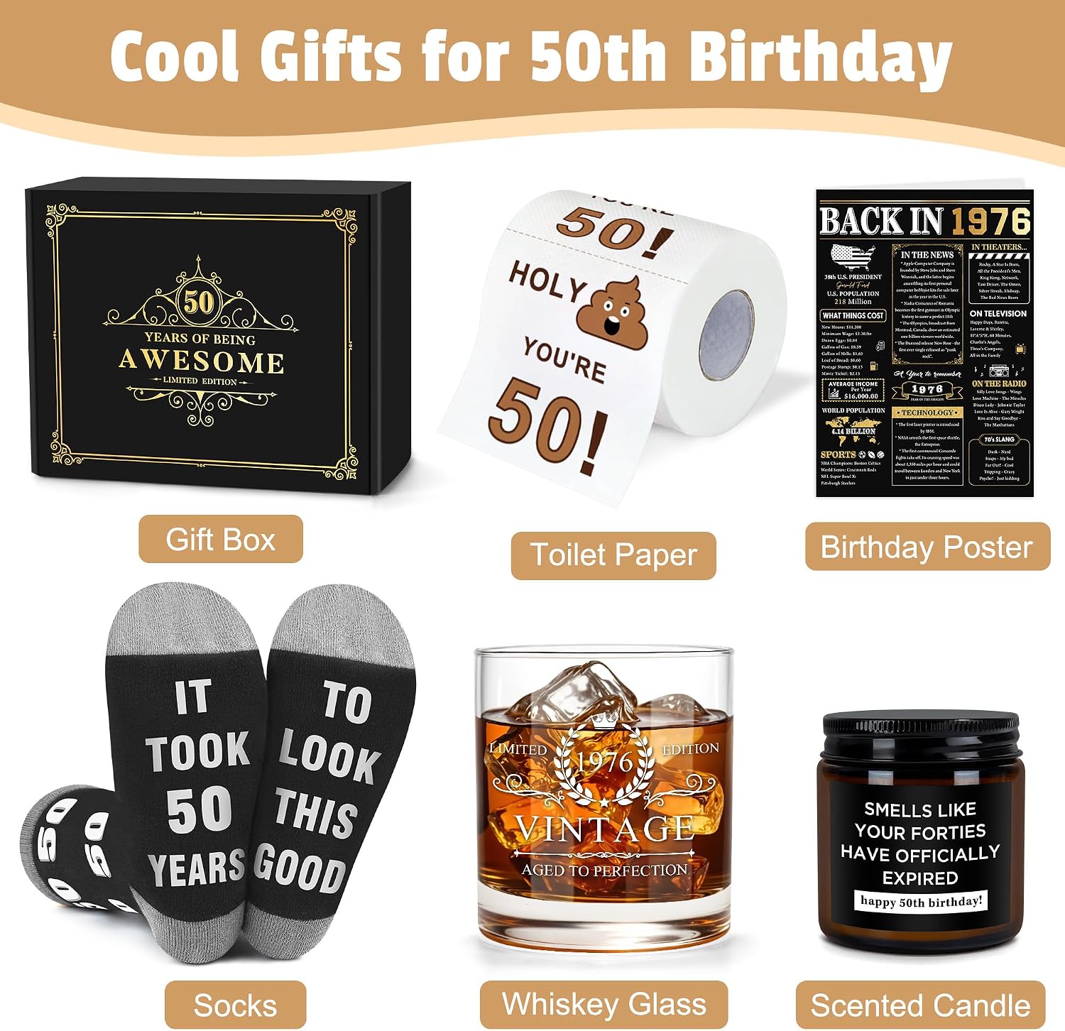 Pradnel 50th Birthday Gifts for Him Cool Gifts for 50 Year Old Man Happy 50th Birthday Decorations for Men Vintage 1976 Wine GlassToilet Paper Roll Novelty Socks Funny 50 Year Old Gift ideas for Mens