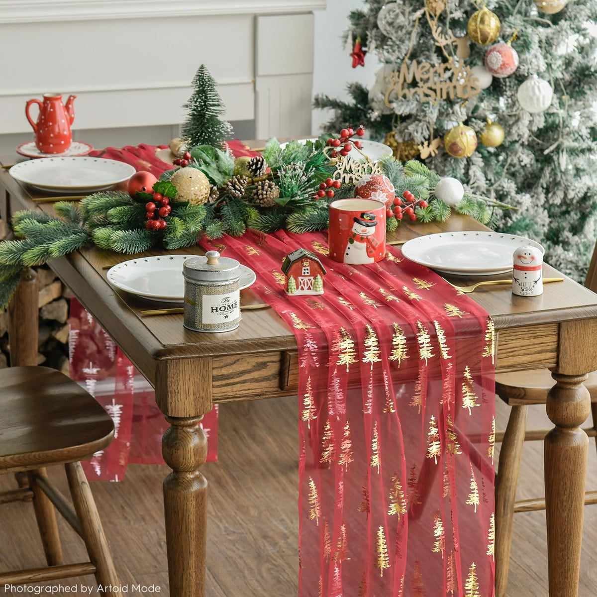 Artoid Mode 6PCS Red Gold Christmas Tree Gauze Table Runner 120 Inch 10FT, Gl...