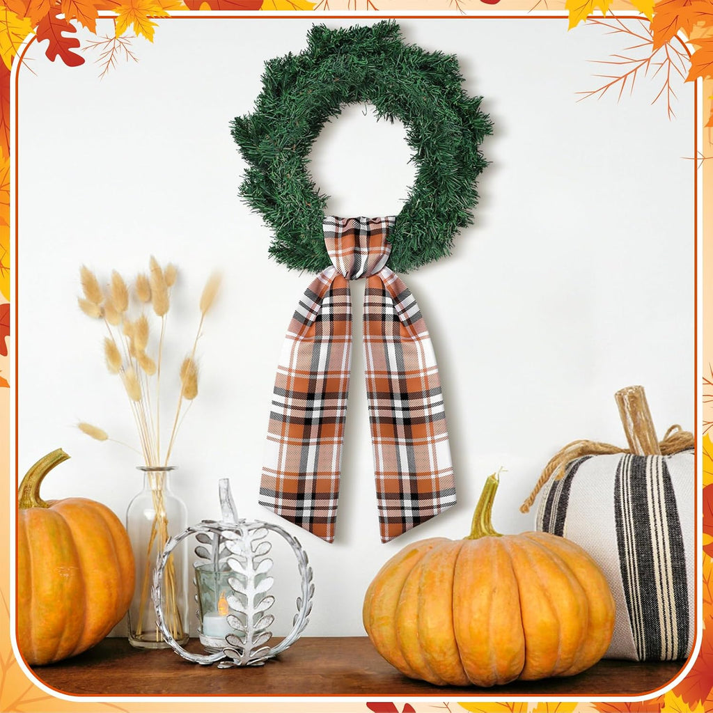 VitalCozy 2 Pcs Wreath Sash for Front Door, Fall Thanksgiving Plaid Wreath Sash Accessories Garland Ribbon for Embroidery Monogram Outdoor Indoor Wall Autumn Holiday Decor Yard Doorway