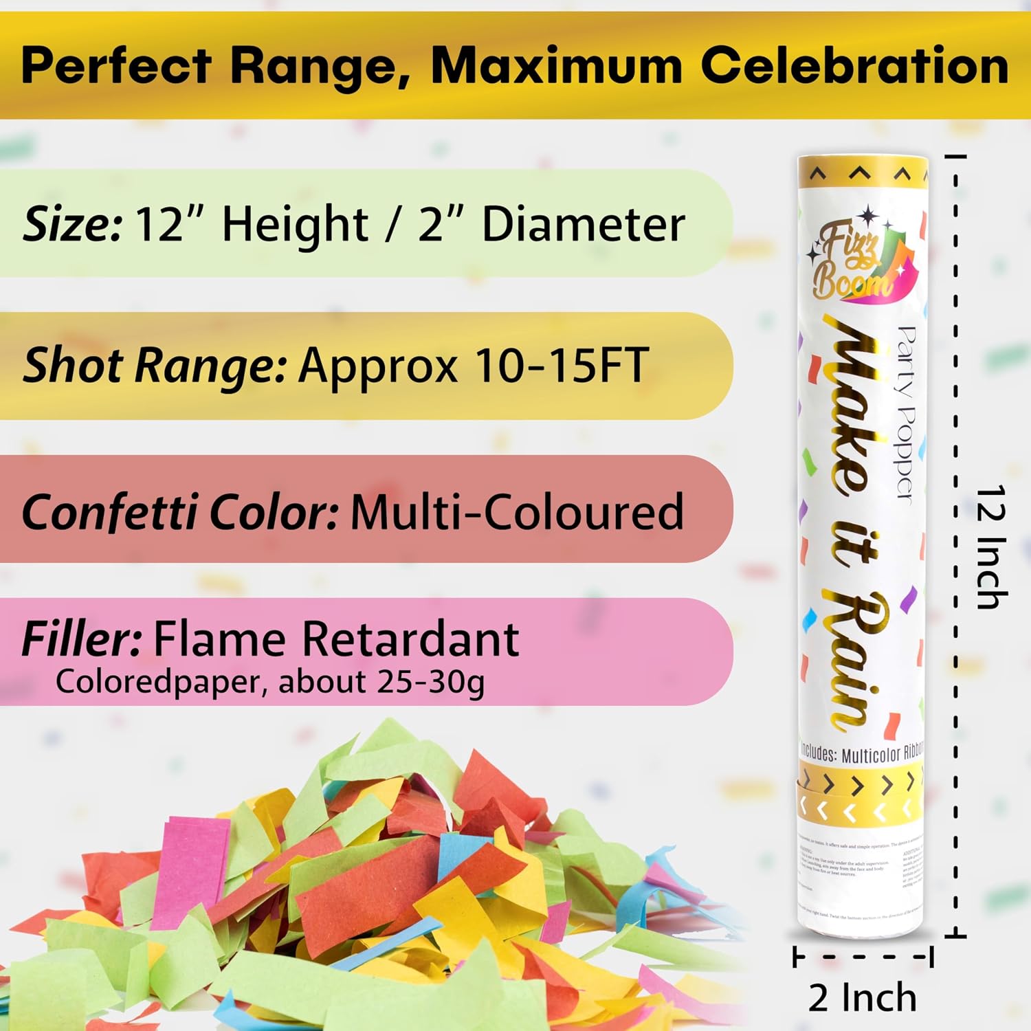 6 Pack 12 Inch Confetti Poppers, Biodegradable Confetti Popper Set for Wedding, Birthday Party Celebrations | Releases 15 ft in the Air