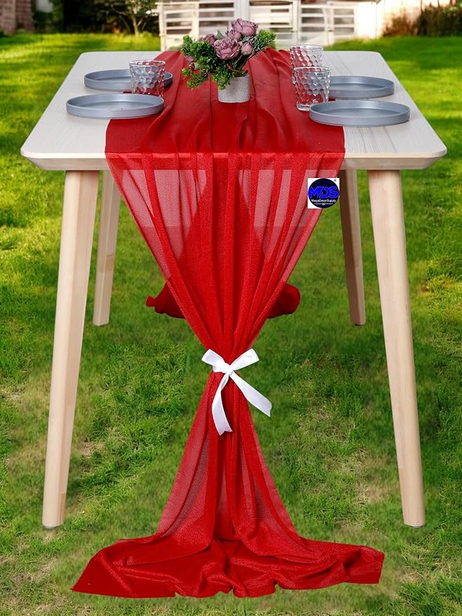 MDS Halloween Chiffon Table Runner - 10 Pack, 29 x 170 Inches, 14ft Each - Sheer Spooky Table Runners for Haunted House Parties, Trick-or-Treat Tables, Witchy Décor, Wedding & Events - Red