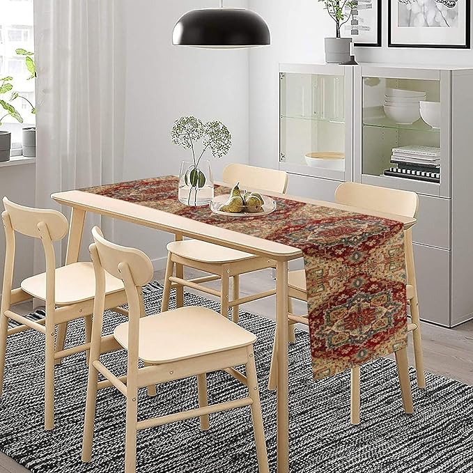 Boho Bohemia Style Table Runner, Vintage Red Brown Retro Flower Rustic Country Style Floral Print Pattern for Home Kitchen Table Decor Dining Coffee Room Garden Party Decor 13x90in