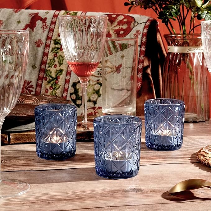 48pcs Blue Votive Tealight Candle Holders, Glass Tea Light Candle Holders for Table Centerpieces, Candle Holder for Wedding Decor, Gift, Home Decoration（Blue,48）