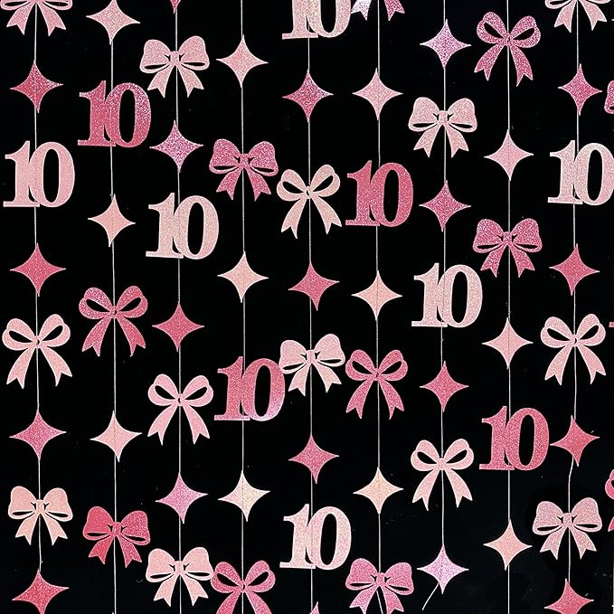 Glitter Pink 10th Bow Birthday Decorations Hot Pink Conquette Bow Garland Streamer Banner Backdrop for Girls Happy 10th Birthday Double Digits I'm 10 Cheers to 10 Years Old Anniversary Party Supplies