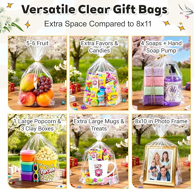 PigPotParty 12"x 16", 50Pcs Bottom Gusset Bags, Clear Plastic Cellophane Gift Mug Treat Goodie Bags with 50x Twist Ties, Large Party Favor Packaging, Toy Wrapping (No Side Gusset)